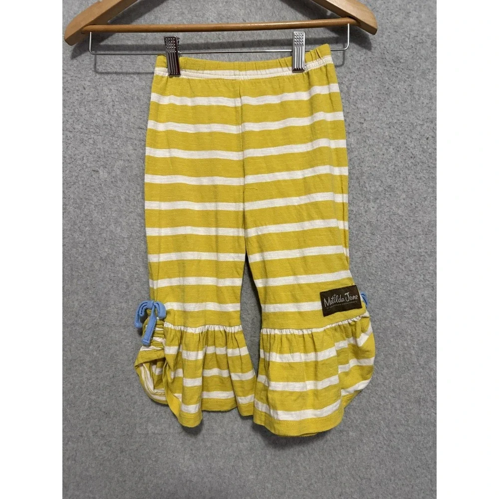Matilda‎ Jane Capri Pants Girls 4 Yellow Stripe Ruffle Hem Blue Tie Jersey Knit